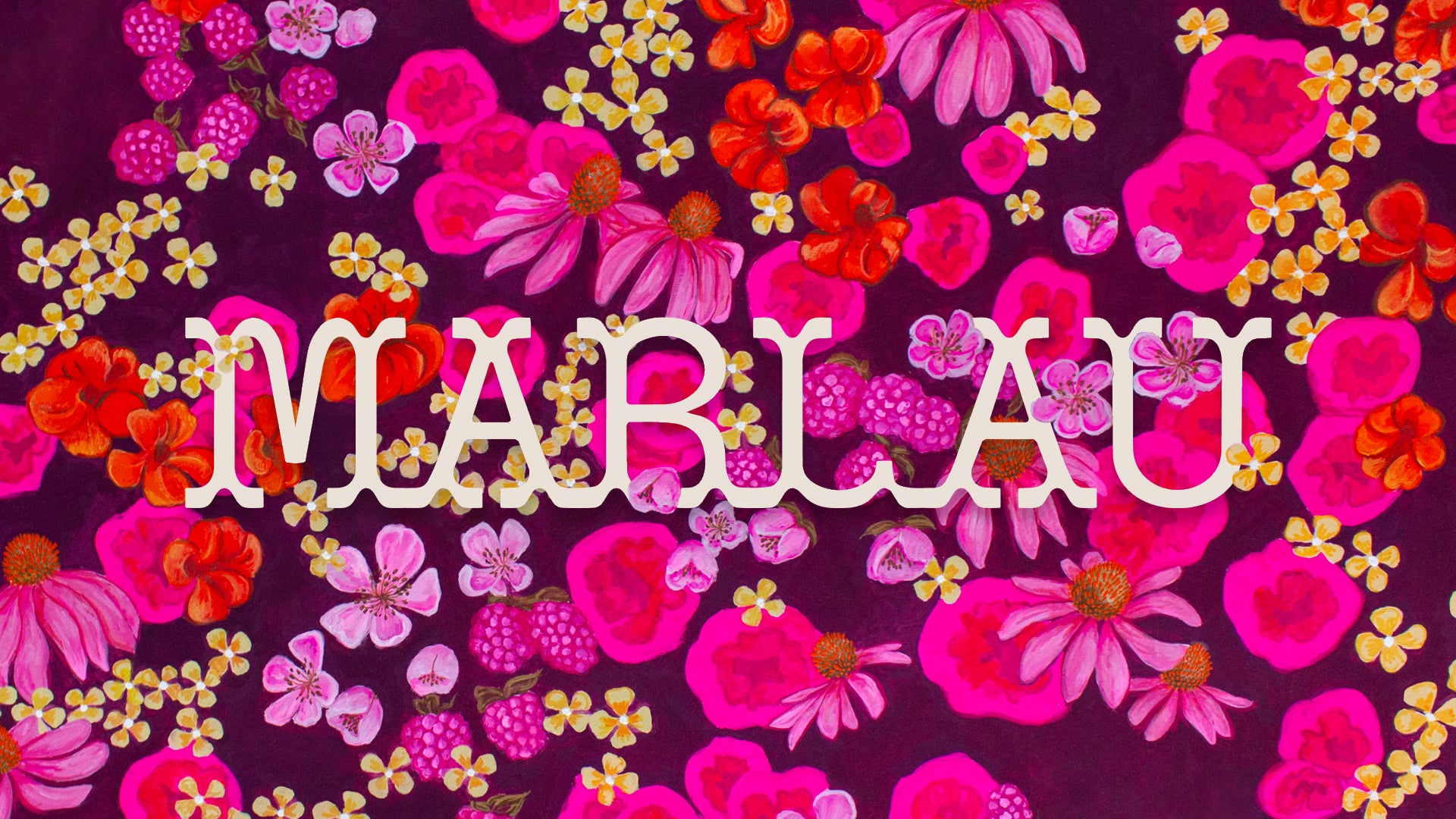 Floral pattern with the word 'MARLAU' in the center on a purple background